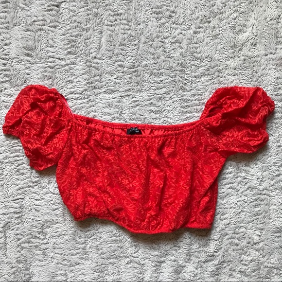 Topshop Large Red Floral Lace Bardot Crop Top - Picture 2 of 4